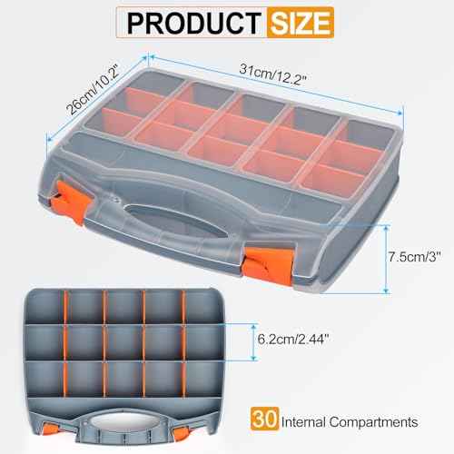 HARFINGTON Double Side Tool Organizer 12.2"x10.2"x3" 30-Compartment Hardware Storage Box with Removable Plastic Dividers for Screws Nuts Nails Bolts