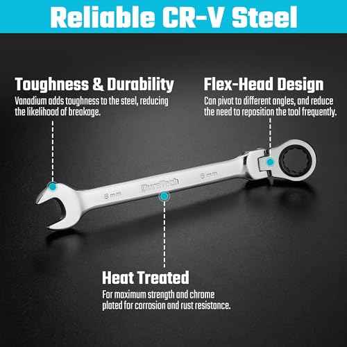 DURATECH 8mm Flex-Head Ratcheting Combination Wrench, Metric, 72-Tooth, CR-V Steel