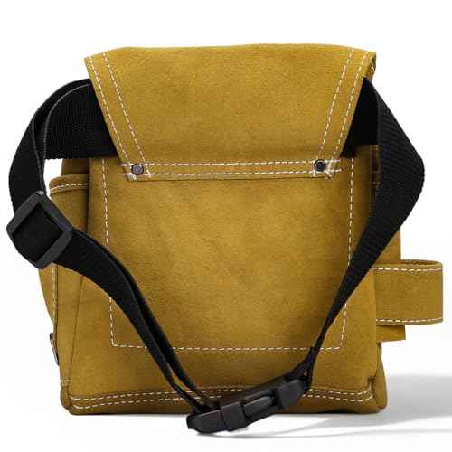 Leather Tool Pouch, Multiple Pockets, Tan Suede Construction, Professional Carpenter Utility Bag