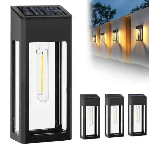 GOODFOEVER Solar Outdoor Lights Waterproof, 4 Pack Fence Lights Solar Powered with LED Bulbs, Metal Wall Lights for Garden Porch Patio Yard and Garage, Aluminum and Glass Shade (Wall Light 4 Pack)