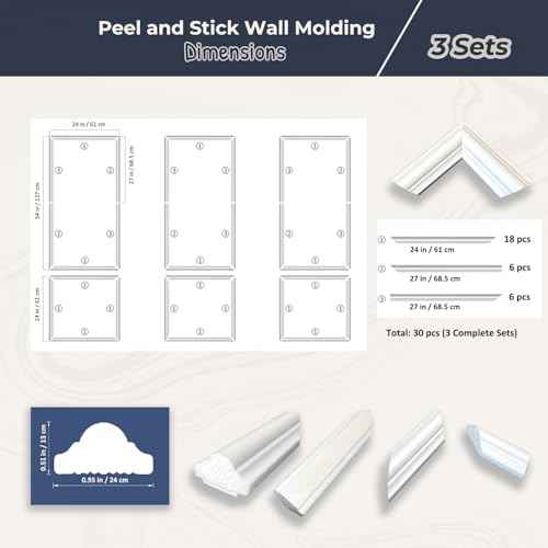 Peel and Stick Wall Molding Kit ? Pre-Cut Wainscoting Panels, Set of 3 (3 Top & 3 Bottom), Ready to Assemble & Easy to Install for Interior Wall D?cor, Living Room Bedroom Accent Walls (54 x 24 in)