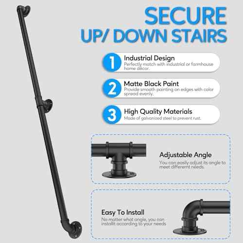 Pipe Stair Handrail, 6 Ft Metal Staircase Handrail, Black Galvanized Industrial Iron Hand Rail for Indoor & Outdoor Wall Mount Support, Wall Hand Railing,Safety Handle, Steps Baluster(HR01-3)