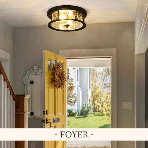 Black Ceiling Light Fixtures Flush Mount Light, 2 Bulb with Glass Flush Mount Ceiling Lights Fixture Bedroom, Indoor Outdoor Ceiling Lights for Porch Hallway Kitchen