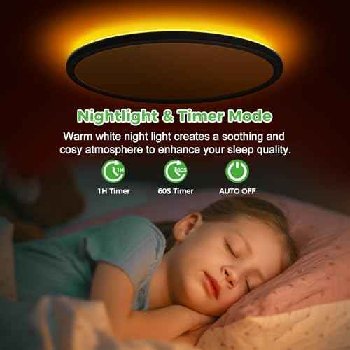 Zemty 15 Inch LED Ceiling Light With Night Light 1800K, 3000K/4000K/6500K Dimmable Fixture With Remote Control, Low Profile Lighting for Bedroom Living Room Kitchen-Black