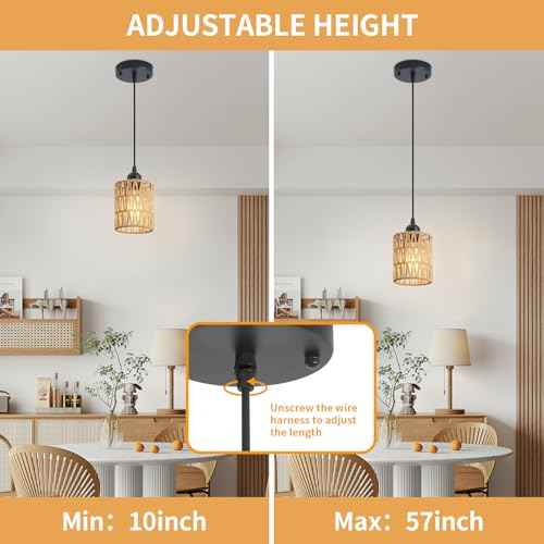 3 Pack Rattan Chandelier Pendant Lights Kitchen Island,Farmhouse Boho Chandeliers Adjustable Height Hanging lamp for Dining Room,Kitchen Ceiling Light Fixtures with Hand Woven Wicker Lampshade