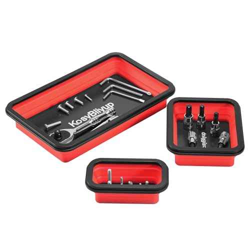 Collapsible Magnetic Parts Tray Set, 3 Different Size Silicone Magnetic Tool Tray for Screw, Bolts, Nuts, Washers, Pins and Other Small Metal Parts, Red