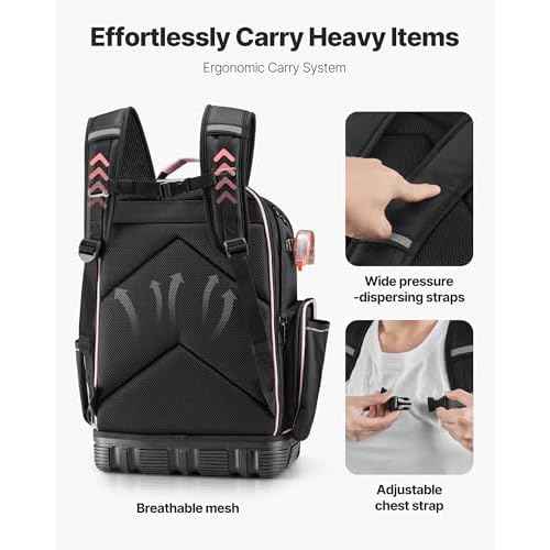 VEVOR Tool Backpack, 56 Pockets, Heavy-duty Tools Storage Organizer Work Bags Backpack with Laptop Compartment & Molded Base, Electrician Jobsite Backpack for Electrician, Repairman, and HVAC Techs
