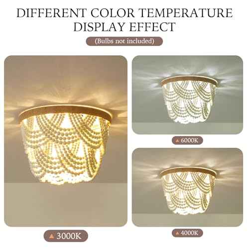 White Boho Mini Chandelier£¬ 2-Tier Wood Beaded Flush Mount Ceiling Light for Bedroom Hallway Entryway Closet Laundry Room Nursery Room 4-Lights
