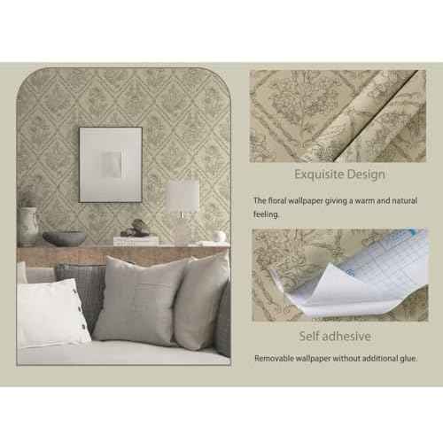 Kitico Peel and Stick Wallpaper Vintage Bohemian Wallpaper Brown Contact Paper Flower Removable Waterproof Bathroom/Bedroom Cabinets Self Adhesive Vinyl 17.3 inches x393.7 inches