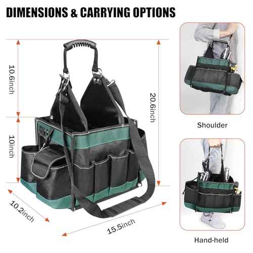 Open Top Tool Bag 15 Inch, Electrician Tool Bag with 22 Pockets, 25L Tool Bags for Men with Shoulder Strap & Reflective Strips, 1680D Waterproof Fabric, Green