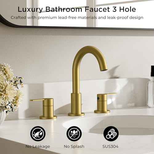 8 Inch 3 Hole Bathroom Faucets Brushed Gold, Widespread Vanity Faucet with Aerator, 360¡Æ Swivel High Arc Spout, Spot-Free Finish, cUPC NSF Certified, CEC & DOE Compliant, 2 Handle Sink Faucet