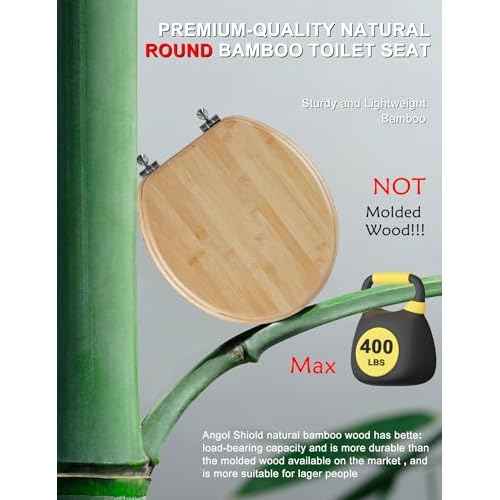 Angol Shiold Round Bamboo Toilet Seat with Zinc Alloy Hinges, Easy to Install also Easy to Clean, Natural Bamboo, Light, 16.5-inch