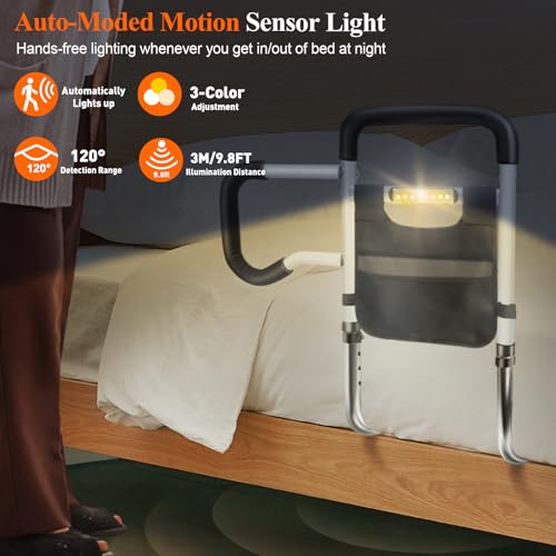 Bed Rails for Elderly Adults Safety, Adjustable Height Bed Guard Rails with Night Motion Light for Seniors, Carbon Steel Bed Assist Rails for Queen King Size Bed (Patent Pending)