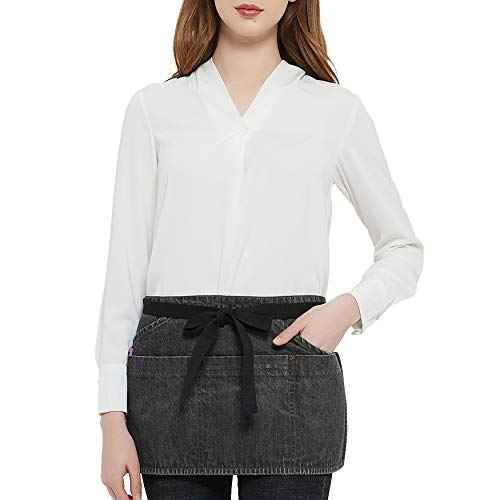 100% Cotton Denim Unisex Waist Apron, 7 Pockets with Zipper Pocket & Pen Pocket, 11" X 23" (Black)