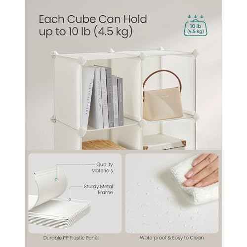 SONGMICS Cube Storage Organizer, Set of 12 Plastic Cubes, Closet Storage Shelves, DIY Plastic Closet Cabinet, Modular Bookcase, Shelving with Doors for Bedroom, Living Room, Cream White ULPC342W02