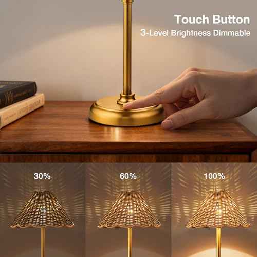 20.5'' Tall Cordless Boho Rattan Table lamp, 5200-mAh Rechargeable Battery, 3-Level Brightness Dimmable, Build-in LED 320 Lumen Max, for Bedside Restaurant Resort Hotel Dining Table
