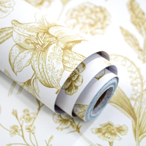 Floral Peel and Stick Wallpaper White and Gold Contact Paper 16.9inch x 118.1inch Boho Wall Paper Peel and Stick Flower Self Adhesive Wallpaper Removable Gold Floral Furniture Decorative Vinyl