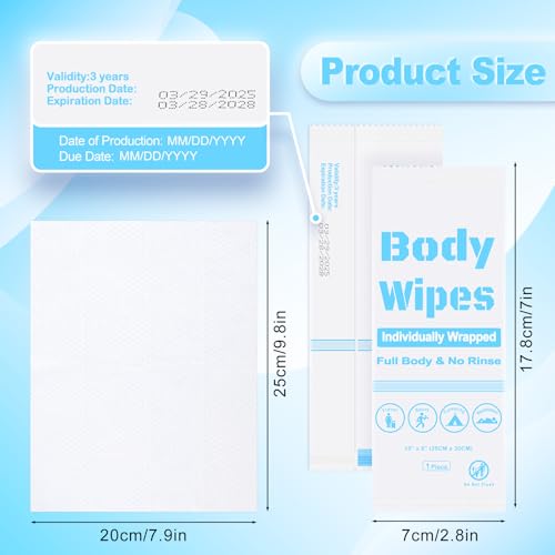 200Pcs Disposable Body Wipes, 7.8 x 9.8 inch Individually Wrapped Bath Wipes for Women Men in Bulk, No Rinse-Free Large Body Bath Shower Wipes for Home Travel Hotel Outdoors Camping After Gym (White)
