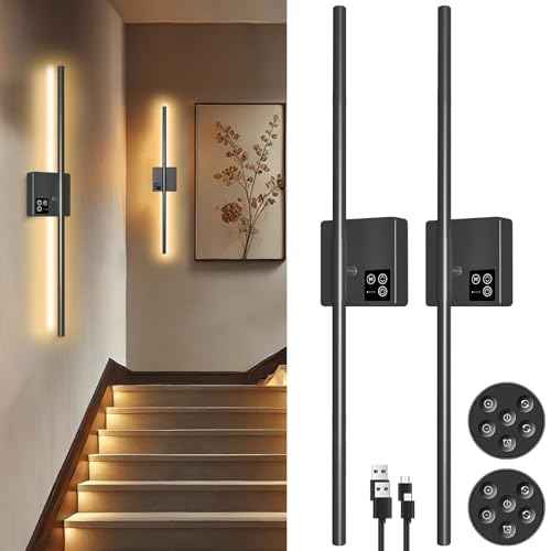 31in Wireless Wall Sconces Set of Two, [Creates Sunset Glow Ambiance] Dimmable 2700K?6000K with 8000mAh Battery & Display, Touch/Remote Control, Rechargeable Wall Lamps for Home Decor ? Black