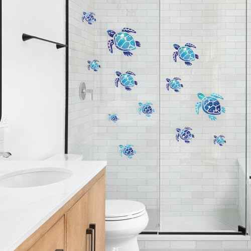 12 Pcs Sea Turtle Wall Decals, Ocean Turtle Vinyl Stickers Underwater Bathroom Decal, Waterproof Wall Sticker Removable Turtles Decals for Bathroom Bedroom Toilet Nursery Room Decoration
