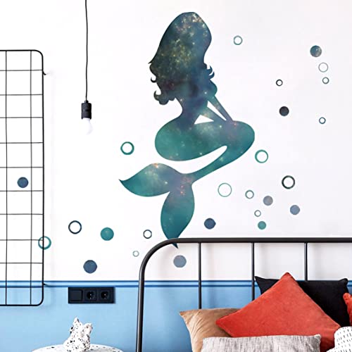 Starry Sky Mermaid Wall Decals and Stickers - Peel and Stick DIY Removable Green Bubbles Vinyl Wall Art Decor for Kids Baby Bedroom Nursery Bathroom Door DT-1912