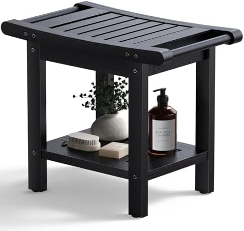 HDPE Shower Bench Seat, Larger Size 22", Black Shower Benches for Inside Shower, Waterproof Shower Stool with Handles & Storage Shelf, Shower Chair for Bathroom, Bath Stool for Shower to Sit