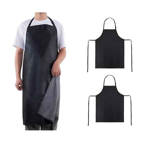 2Pack Waterproof Rubber Vinyl Heavy Duty Apron with Adjustable Butcher Aprons for Kitchen Cleaning Dishwashing Ultra Lightweight Black