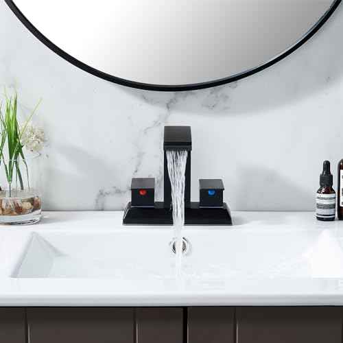 SHACO Black 4 Inch Centerset Bathroom Faucets 3 Hole or 2 Hole, Matte Black 2 Handle Waterfall Vanity Faucet, Lavatory Mixer Tap RV Sink Faucet with Overflow Pop Up Drain and Hose, SC-ZT907B-NEW1
