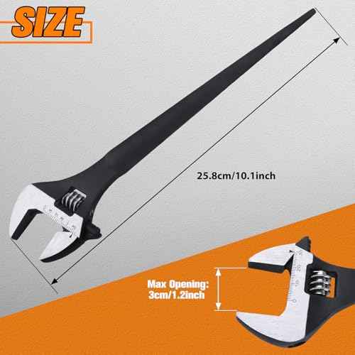 8-Inch Adjustable Spud Wrench Black Oxide Construction Wrench with SAE and Metric Scale Marked for Up to 30mm Nuts and Bolts, Alignment Holes and Tail Crowbar Features