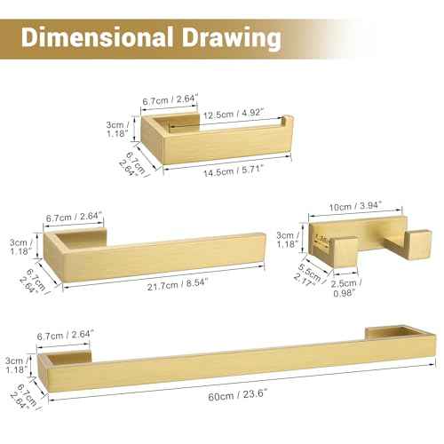 Brushed Gold Bathroom Hardware Set, 4-Piece Bath Towel Bar Set SUS304 Stainless Steel Towel Rack Set for Bathroom, 23.6 inches Bathroom Towel Holder Set Wall Mounted
