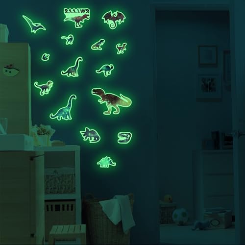 Glow in The Dark Dinosaurs Wall Decals, Glitter Dino Stickers for Boys Room, Luminous Stars Ceiling Decor for Bedroom Playroom Nursery