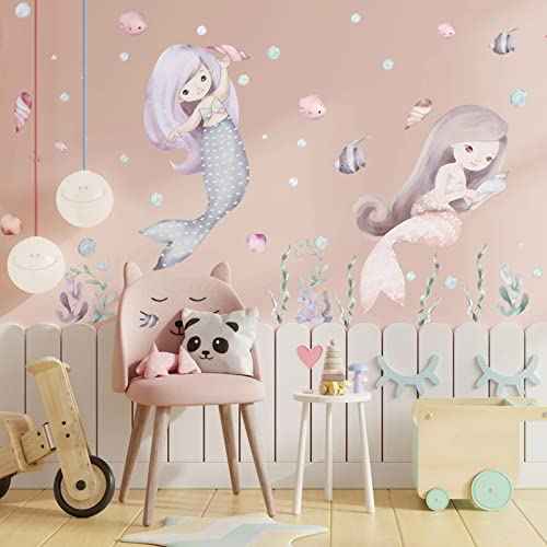 Mermaid Wall Decal Ocean Stickers Seaweed Nursery Decor Baby Girl Bedroom Playroom Princess Room Art Toddler Kid Room Bathroom Decor