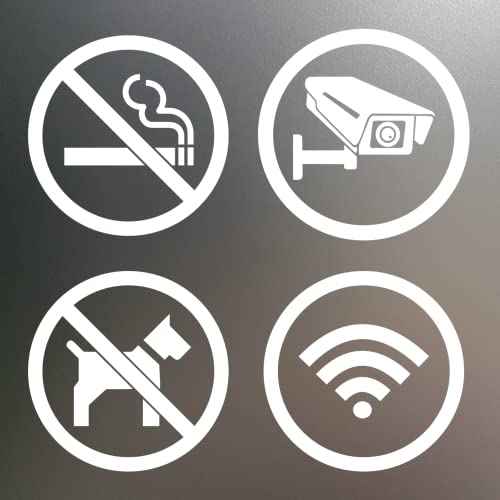 dealzEpic - Clear Transparent White Store Signs of No Smoking, No Pet Allowed, Free WIFI and Security Camera Sign - Self Adhesive Peel and Stick Vinyl Decals for Glass Door or Window
