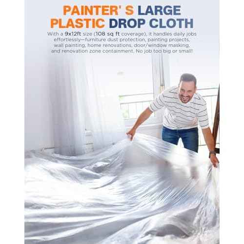 0.7 Mil Plastic Drop Cloths for Painting, 9x12 Ft Extra Large Painting Supplies, Plastic Sheet Dust Cover for Furniture, Floor, Couch Protector (10-Pack)