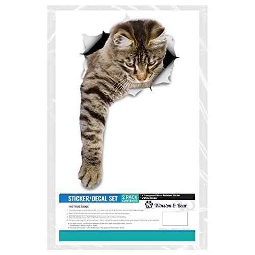 Winston & Bear 3D Cat Stickers - 2 Pack - Tabby Cat Wall Decals - Cat Lover Gifts - Cat Wall Stickers for Bedroom - Fridge - Toilet - Car - Retail Packaged (Reaching Tabby Cat)