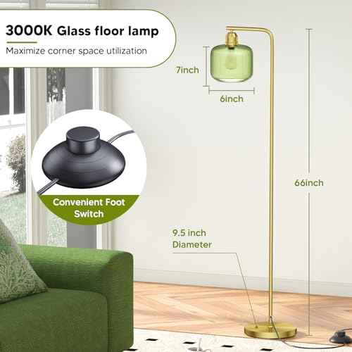 Glass Floor Lamp for Living Room, Modern Standing Lamp with Green Ribbed Glass Lampshade and Pedal Switch, 66¡± Tall Lamp & Gold Floor Lamp for Bedroom Study Room,Brushed Gold(3000K LED Bulb Included)