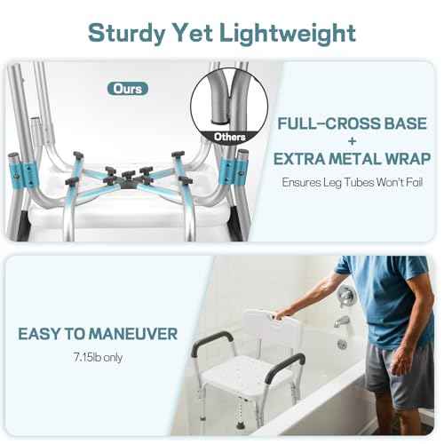 Shower Chair for Elderly and Disabled with Padded Armrests and Back, Adjustable Height Shower Seat, Easy to Assemble Heavy Duty Shower Chairs for Inside Shower, Handicap