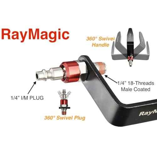 RayMagic Steel Pneumatic Tool Rafter Hook Hanger, Lightweight, Durable,Reusable Metal Organaizer Adjustable Easy Install Hooks With 1/4" Air Tool Swivel Fitting, for Air Nailer, 5-Piece Brass Fitting