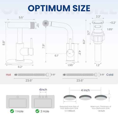 Matte Black Bathroom Faucet with Pull Down Sprayer, 6 Water Mode, Single Handle, 1 or 3 Hole Bathroom Sink Faucet with Pop Up Drain for RV Bar Laundry Vanity