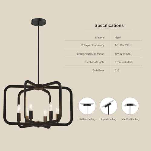 Modern Black Chandelier - 6 Light Metal Chandelier for Dining, Kitchen, Living Room, Hallway Foyer Light Fixture