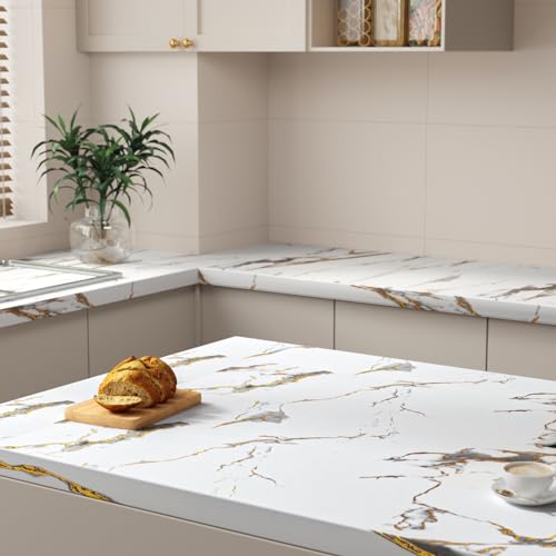 White and Gold Marble Contact Paper Peel and Stick Marble Wallpaper Removable Waterproof Cabinet Contact Paper for Countertops Vinyl Wrap Marble Wall Paper for Bathroom Kitchen 11.8"x118"