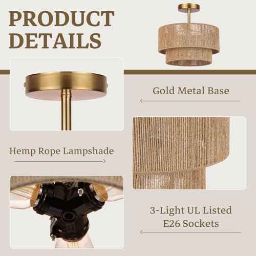 3-Light Boho Light Fixtures Ceiling Mount,12.6'' Rattan Semi Flush Mount Ceiling Light Fixture,Coastal Hemp rope Drum Light Fixtures with 2-Tier Shade, Farmhouse Light Fixture for Bedroom Hallway