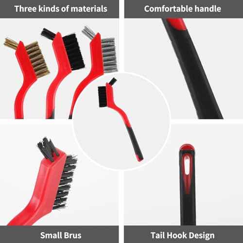 A A IN Wire Brush Set,6 Pcs Brass/Stainless Steel/Nylon Wire Brushes for Cleaning with Curved Handle Grip for Rust Removal, Dirt, Paint Scrubbing,7 Inches (Red)
