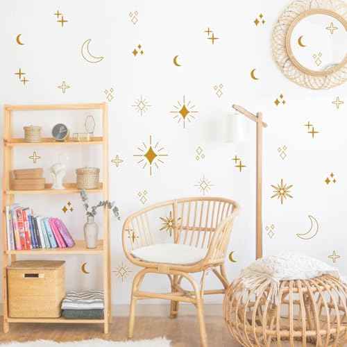 Large Gold Star Moon and Sun Wall Decal, Vinyl Starburst Wall Stickers Decor, Boho Wall Decals Peel and Stick for Kids Bedroom Home Nursery Classroom Decoration