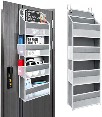 Over The Door Organizer with LifetimeWarranty, 4 Shelves & 4 Side Pockets, Large Storage Rack Holds 44lb, Heavy-Duty Reinforced Mesh Shelf for Bathroom, Closet, Toy Organization, Shoes, Towels, Grey