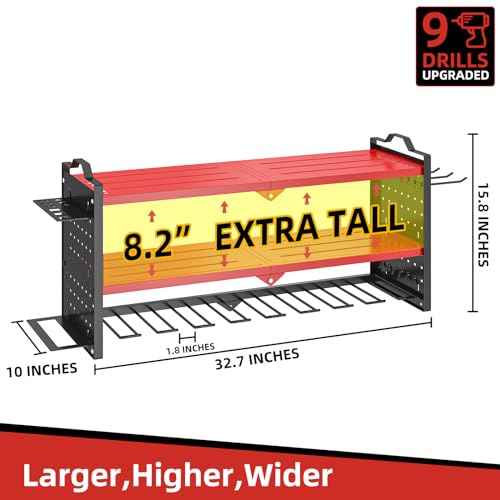 Power Tool Organizer Wall Mount with 9 Drill Holder, Cordless Tool Organizer and Storage Rack, Garage Heavy Duty Metal Shelf Organization for Battery, Tool Box, Hammer, Screwdriver£¨Red£©