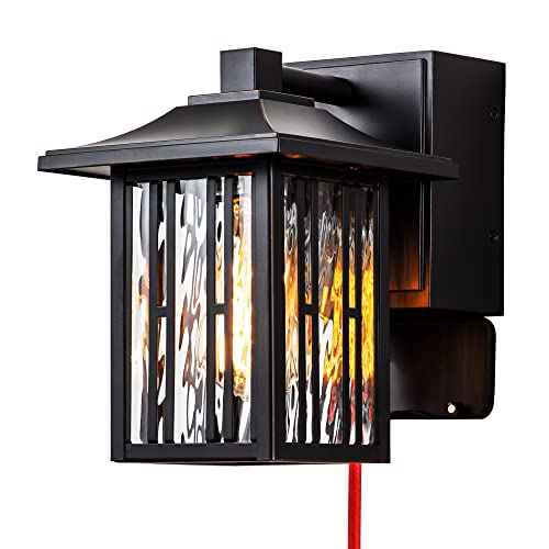 Outdoor Porch Lights with GFCI Outlet, Bronze Exterior Lights Fixture for House, Outside Wall Lights Wall Mount with Water Ripple Glass, Waterproof Patio Wall Sconce for Garage, Front Door