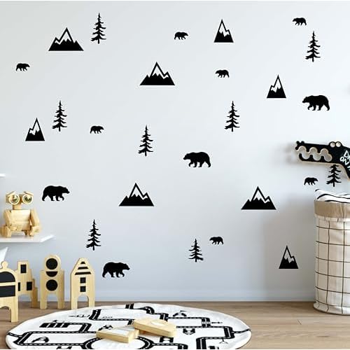 Wilderness Wall Decals Mountains Bears Trees Wall Stickers Vinyl Wall Art for Kids Room Nursery Decor Y93 (Black)