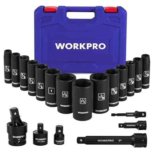 WORKPRO 20-Piece 1/2£¢ Drive Deep Impact Socket Set, 6-Point, Cr-V Steel, 10-27mm, Universal Joint, Adapter and Extension Bar, SAE