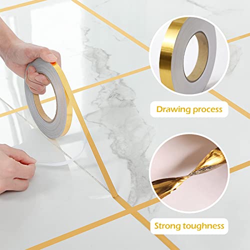 3 Sizes Self Adhesive Metalized Polyester Film Tape Waterproof, Floor Tile Gold Foil Lines Tape, Tile Seam Stickers for Cabinet Bathroom Kitchen Decor Graphic Arts (Gold)